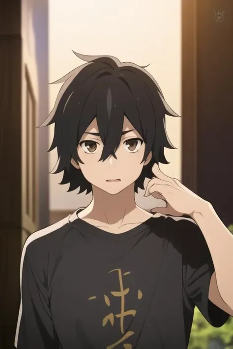 masterpiece, best quality, high quality, 1boy, solo, male focus, looking at viewer, upper body, <lora:yadomi_jinta:0.74>, yadomi_jinta, black hair, brown eyes, hair between eyes,
