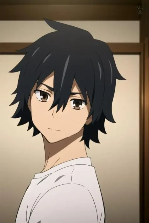 masterpiece, best quality, high quality, 1boy, solo, male focus, looking at viewer, upper body, <lora:yadomi_jinta:0.80>, yadomi_jinta, black hair, brown eyes, hair between eyes, <lora:animemix_v3_offset:0.45>