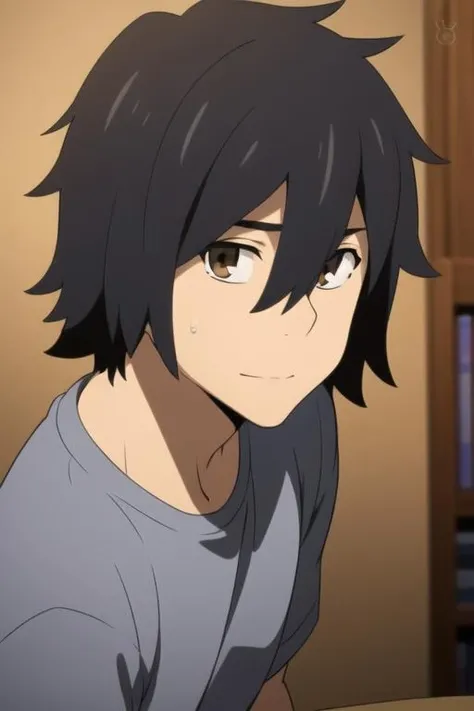 masterpiece, best quality, high quality, 1boy, solo, male focus, looking at viewer, upper body, <lora:yadomi_jinta:0.74>, yadomi_jinta, black hair, brown eyes, hair between eyes,