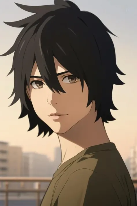 masterpiece, best quality, high quality, 1boy, solo, male focus, looking at viewer, upper body, <lora:yadomi_jinta:0.84>, yadomi_jinta, black hair, brown eyes, hair between eyes, <lora:Realism-10:0.15>, Realism