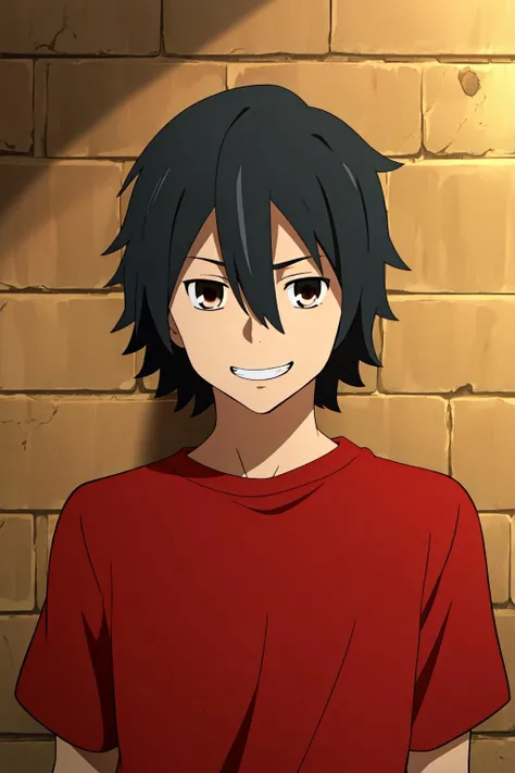 masterpiece, best quality, yadomi_jinta, 1boy, portrait, upper body, standing, against wall, brick wall, black hair, brown eyes, hair between eyes, grin, red t-shirt,