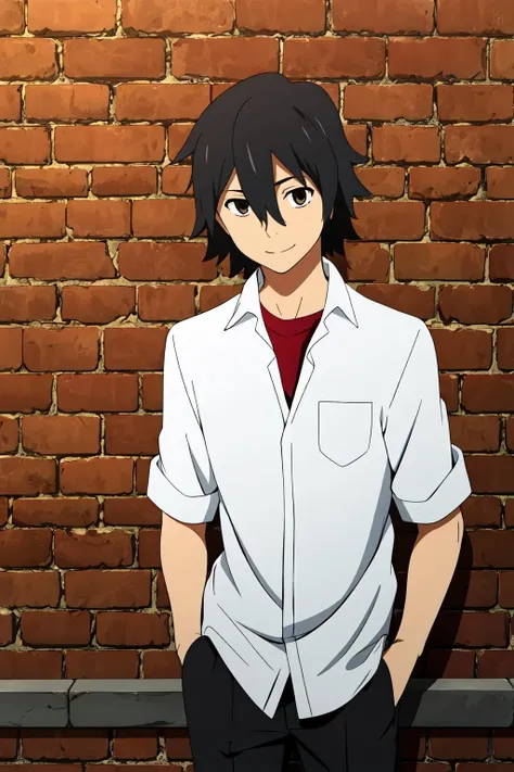 masterpiece, best quality, yadomi_jinta, 1boy, portrait, upper body, standing, against wall, brick wall, black hair, brown eyes, hair between eyes, light smile, white dress shirt, open shirt, red t-shirt, black pants, hands in pockets,