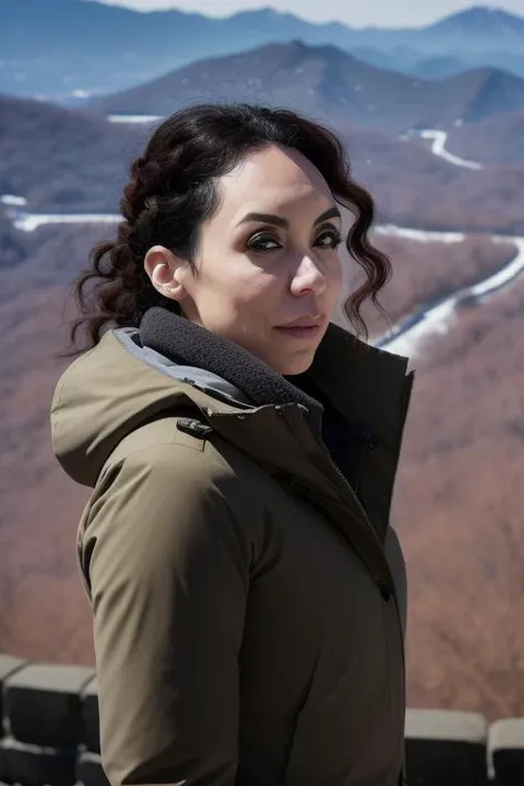 <lora:navabi_v1:1>, navabi, Half body shot, candid portrait,best quality,sony a7,realistic,detailed facial features, Down jackets, water eye, in Fuji Mountain great wall of china, Broad lighting