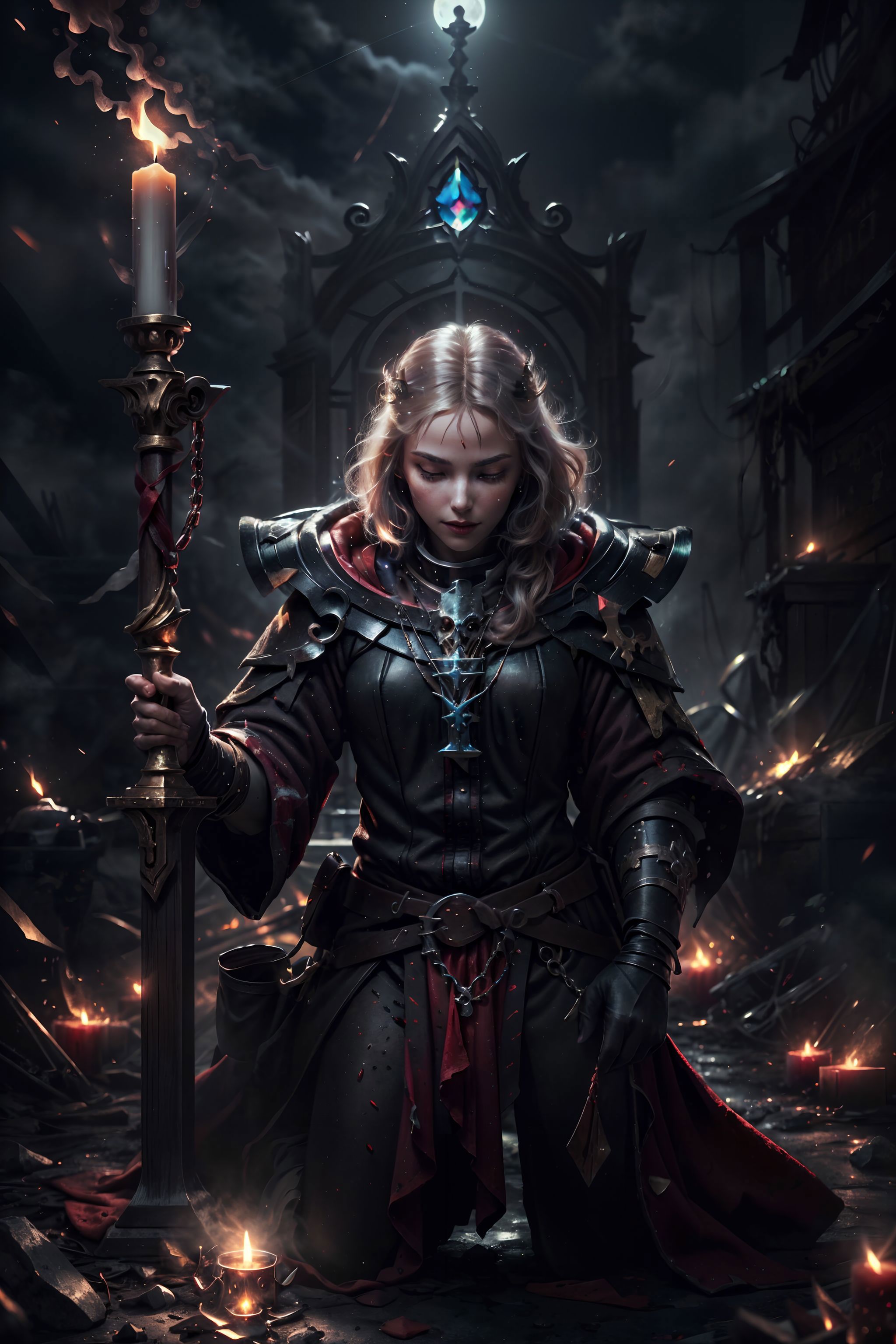 A woman in a dark outfit holding a sword and a candle - SeaArt AI