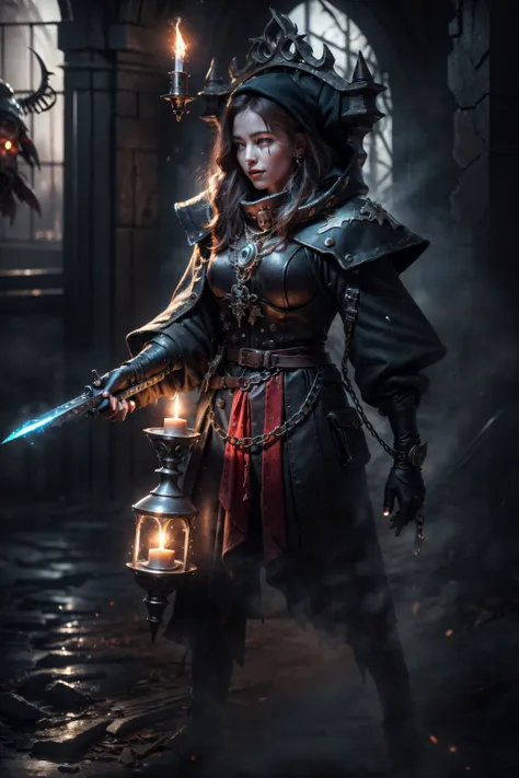 soft lighting, Fujifilm XT5, full focus background, dslr, 8k uhd,RAW photo, high quality, film grain,
(UHD, photorealistic:1.4, raw photo:1.2, hdr), best quality, masterpiece, crystal clear, sharp focus, studio lighting, photon mapping, professional colour grading,
masterpiece, best quality,1girl,ultra high res,full body, <lyco:GoodHands-beta2:1.0>, (smile:1.01),
soft moon light through stained glass, dark and dim atmosphere <lora:LowRA:0.53> ,
soft candle light,deep shadows, 1 woman holding a candel in front of her face<lora:DreamGlow:0.888>,, light highlights her face, a massive chain blade next to her<lora:Adepta Sororitas MK1 by CARAXES:0.75>, on fire<lora:on_fire:0.35>,
bloodmagic artifact, bloodmagic large spell, bloodmagic aura<lora:BloodMagic:0.35>,
full focus background, dystopian chaple, broken stained glass window, cyberpunk skulls with candels in background,