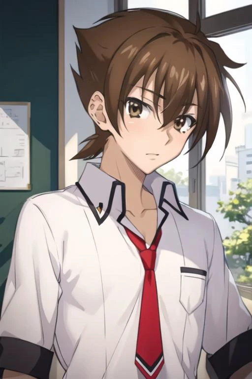 masterpiece, best quality, high quality, 1boy, solo, male focus, looking at viewer, upper body, <lora:issei_hyoudou:0.82>, issei_hyoudou, brown hair, brown eyes, hair between eyes, , school uniform