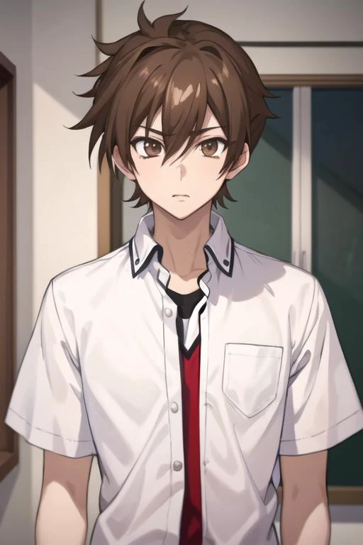 masterpiece, best quality, high quality, 1boy, solo, male focus, looking at viewer, upper body, <lora:issei_hyoudou:0.56>, issei_hyoudou, brown hair, brown eyes, hair between eyes, , school uniform
