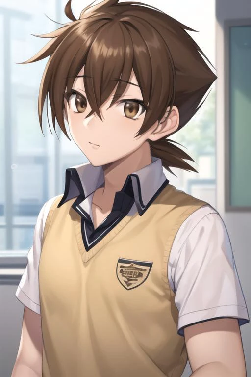 masterpiece, best quality, high quality, 1boy, solo, male focus, looking at viewer, upper body, <lora:issei_hyoudou:0.76>, issei_hyoudou, brown hair, brown eyes, hair between eyes, , school uniform