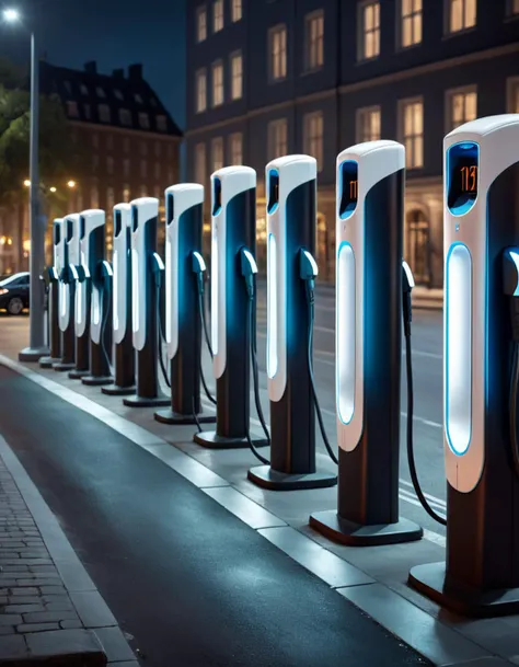 Surrealist art (Ultrarealistic:1.3) <lora:WeAreElectric-FFai-LycoLora:1> a row of electric car charging stations at night, by Thomas Häfner, by Etienne Delessert, by Matthias Weischer, charging through city, photorealism â, 3 d render beeple, hyper realisticâ, hyper realistic â, by Artur Tarnowski, by Daniel Ljunggren, by Kurt Roesch, by Fabien Charuau blurry background, Extremely high-resolution details, photographic, realism pushed to extreme, fine texture, incredibly lifelike . Extremely high-resolution details, realism pushed to extreme, fine texture, incredibly lifelike, in the background blurry stage . Dreamlike, mysterious, provocative, symbolic, intricate, detailed