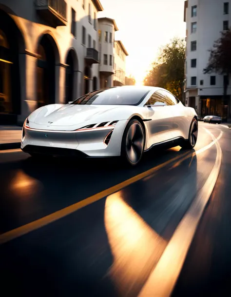 Surrealist art (Ultrarealistic:1.3) <lora:FF-weareelectric01:1> a white electric car is driving down a city street, futuristic product car shot, concept car, futuristic concept car, cinematic front shot, daily render, futuristic car concept, elegant render, futuristic car, very futuristic, render of futuristic supercar, concept render, charging through city, concept ar, car concept, gurney with ambient lighting, v - ray render blurry background, Extremely high-resolution details, photographic, realism pushed to extreme, fine texture, incredibly lifelike . Extremely high-resolution details, realism pushed to extreme, fine texture, incredibly lifelike, in the background blurry balcony . Dreamlike, mysterious, provocative, symbolic, intricate, detailed