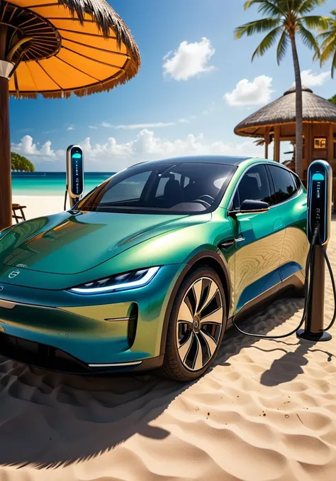 Abstract style <lora:FFusion-We-Are-Electric.64LORA:1> Electric car charging with futuristic ev charger at the exotic beach bar, designed by Michael Borremans, Chalk painting, Unity Engine, Loving strong Hong Konger (Car:1.3) , she is wearing Nautical Peplum dress, Laying down, she has a Puny Peach Purse, blossoms, Fall, split diopter, Direct light, Circular polarizer, Monochrome, Ev car . Non-representational, colors and shapes, expression of feelings, imaginative, highly detailed
