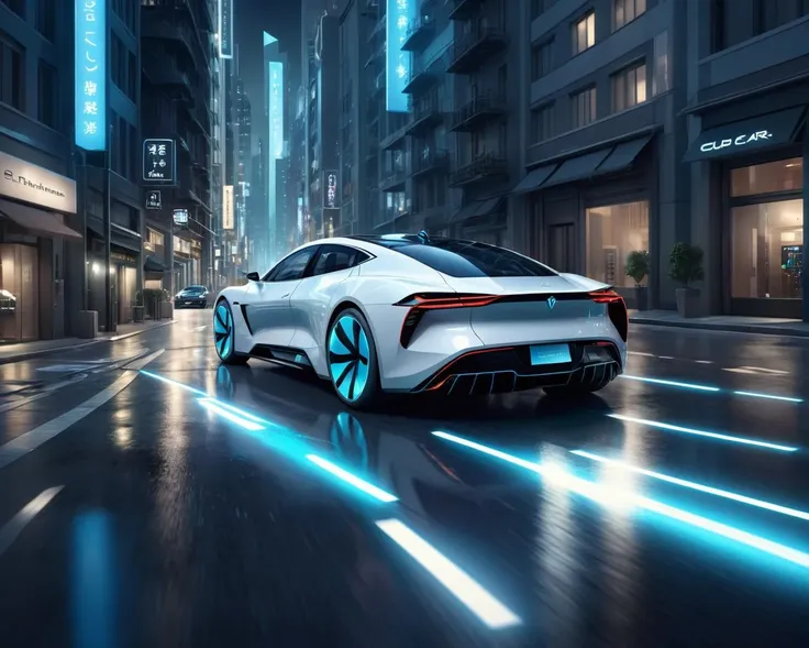 breathtaking <lora:WeAreElectric-FFai-LycoLora:1> electric car a car driving down a city street at night time with buildings in the background and a person walking by, Cui Bai, path tracing, a computer rendering, retrofuturism . award-winning, professional, highly detailed