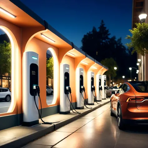 (Foolish Digital Artwork:1.3) of (Detailed illustration:1.3) <lora:FFusion-We-Are-Electric.64LORA:1> a line of cars parked at an electric charging station, conceptual, beautiful image, charging through city, circular, warm street lights store front, instagram post, typical, trending ï¼, by Thomas HÃ¤fner, california;, ð¦ design, trending photo, featured, no blur, vibrant and dynamic, by Dan Luvisi, shutterstock,CGSociety,ArtStation