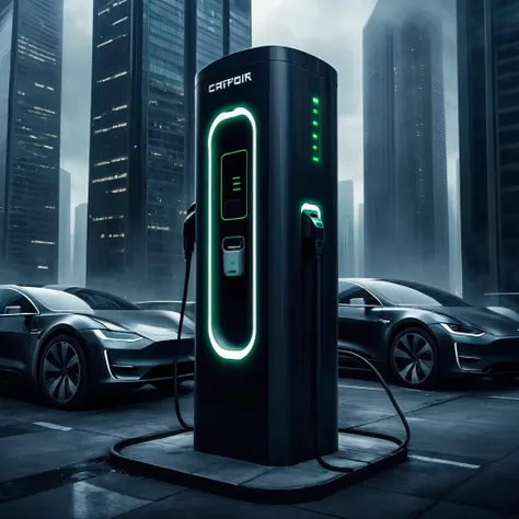 Horror-themed <lora:WeAreElectric-FFai-LoKr-vpred:1> electric car charging station in city with tall buildings . Eerie, unsettling, dark, spooky, suspenseful, grim, highly detailed
