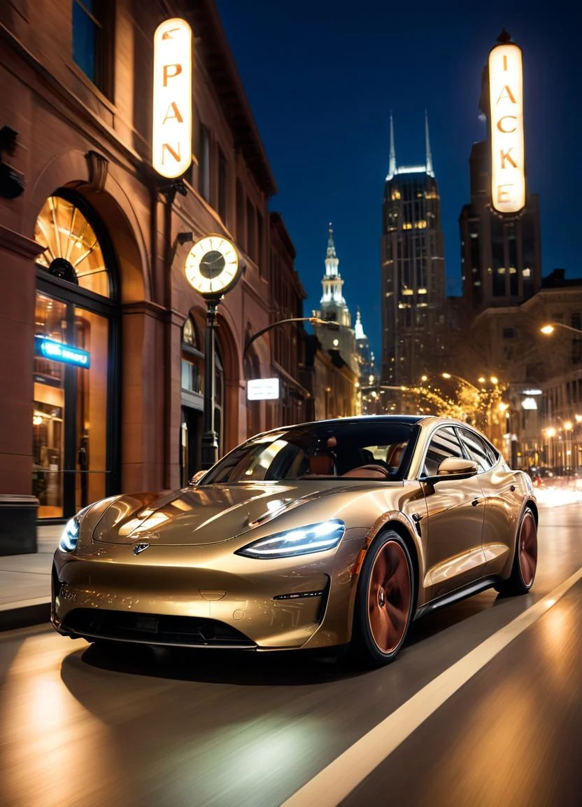 cinematic film still <lora:FFusion-We-Are-Electric.64LORA:1> Steampunk style arafed image of a sports car driving on a city street at night, charging through city, octane photoreal 3 d render, car commercial photograph, futuristic product car shot, digital painting. octane render, cinematic neon matte painting, 8k octane 3d render, 4k artwork, realistic cgi render, 4k digital render, dan mumford. 8 k octane render. Antique, mechanical, brass and copper tones, gears, intricate, detailed . shallow depth of field, vignette, highly detailed, high budget, bokeh, cinemascope, moody, epic, gorgeous, film grain, grainy