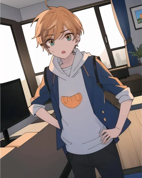 (picture perfect), masterpiece, 1boy, lilorange, hands on hips, indoor setting, living room, realistic, ultra-detailed, 8k, <lora:Lilorange1-000004:1>