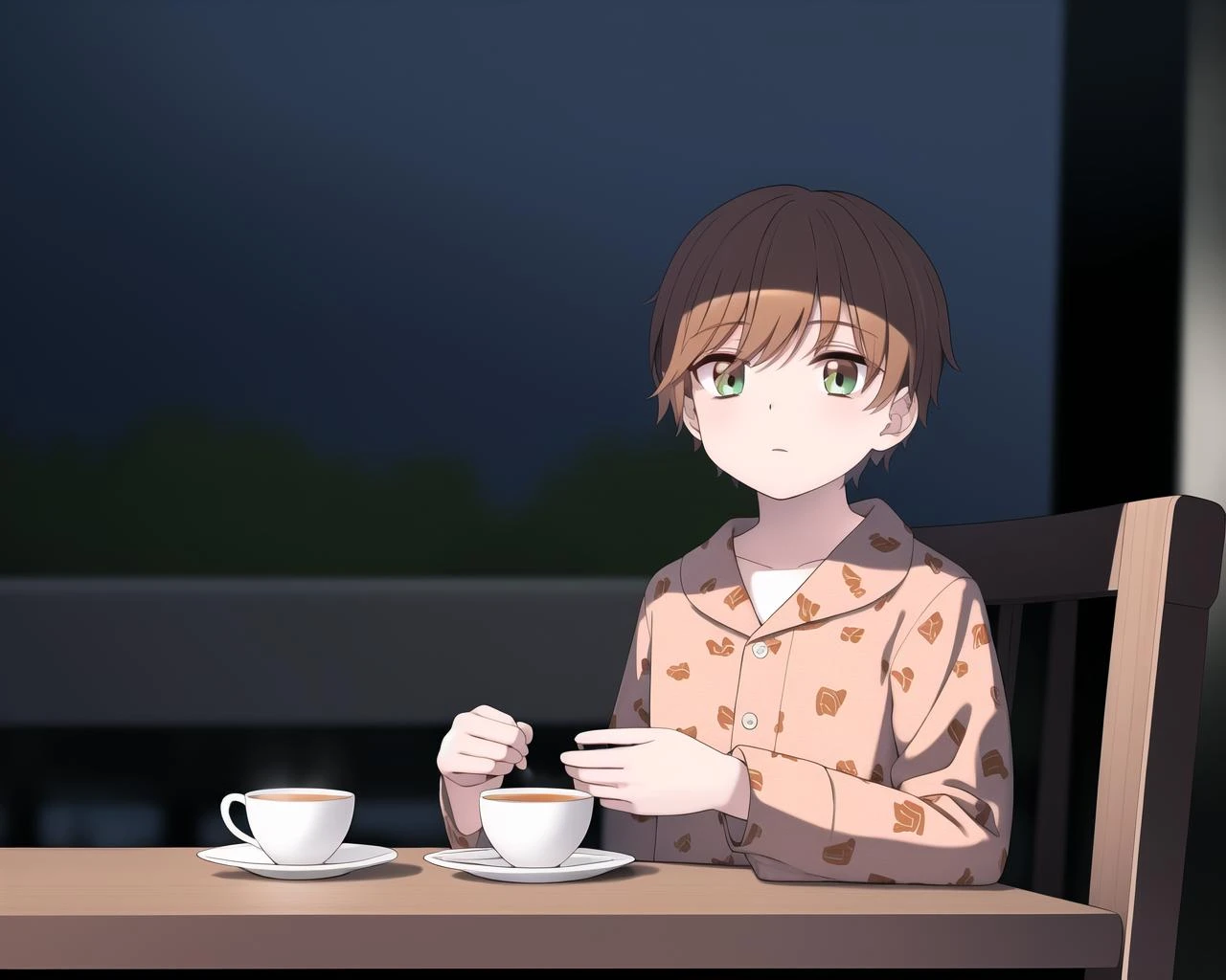 (picture perfect), masterpiece, 1boy, lilorange, dining room setting, pajamas, pattern print, sitting at table, tea cup, realistic, ultra-detailed, 8k, <lora:Lilorange1-000004:0.7>, <lora:LowRA:0.6>