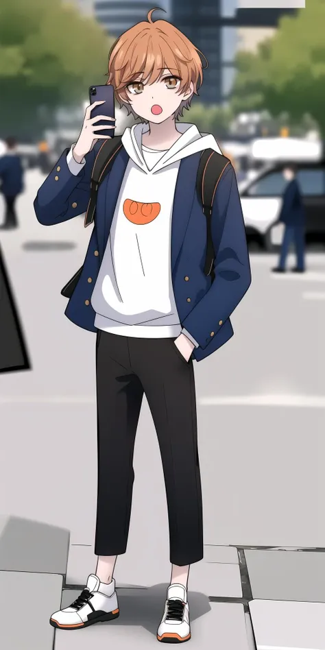 (picture perfect), masterpiece, 1boy, lilorange, outdoor setting, holding a cellphone, full body, :o, realistic, ultra-detailed, 8k, <lora:Lilorange1-000004:1>
