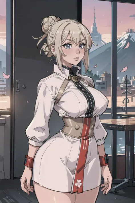 (masterpiece, best_quality, ultra-detailed, immaculate:1.3), epic, illustration, mountain dragoon lord , pauldrons, light slate gray hair with sunset highlights, Tri-Braided Bun,swept bangs, crossed ankles, in cherry blossom, mad scientist's downtown Tokyo, in a steampunk factory, bombshell hair, neon blonde hair, Slicked Back Hair,parted bangs, arm at side / arms at sides<lora:EnvyBeautyMix30:1>