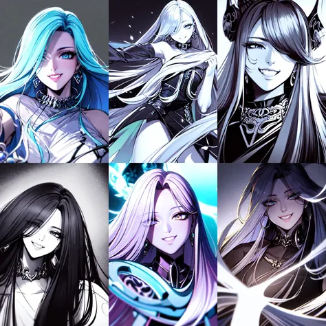 (otherworldly, otherworldly atmosphere, otherworldly appearance), highly insanely detailed, masterpiece, top quality, best quality, highres, 4k, 8k, RAW photo, (long_hair, long hair), collar, earrings, jewelry,
(random colors cloth, random colors hair, random long hair, dynamic hair, glowing hair),
long hair, eyelashes, eyeliner, makeup, hair over one eye,
(dynamic pose), (dynamic weather),
anyujin, <lora:Anyujin_v4:1>,
(smiling at viewer), (fantasy world)