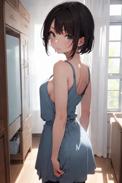 A cute girl is standing in an indoor setting with white curtains, wind, blue sky, and blue sea in the background. The scene has best quality and absurd resolution, with dramatic angle and cinematic lighting. She has short black hair and green eyes with long eyelashes. She has a slender body and medium breasts. Her skin is pinkish and blushed. She is wearing a
sleeveless blouse on top and a gray long skirt on the bottom. She is looking at the viewer with a natural face, while putting her arms behind her back and showing her legs ,(from behind:1.2)
<lora:subaru_shuba-06:0.8>