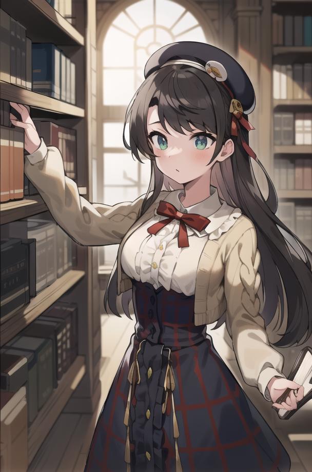 A woman in a library with a book shelf full of books - SeaArt AI