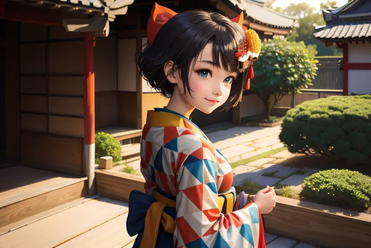 <lora:oozoraSubaruHololive_v2SE:0.9> ,best quality, intricate details, 1girl, subaru_kimono, japanese clothes,hair bow, hair flower,garden,outdoor,(east asian architecture:0.6),backlighting,diffuse lighting,smile