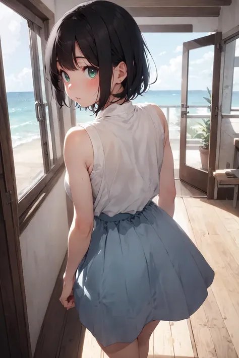 A cute girl is standing in an indoor setting with white curtains, wind, blue sky, and blue sea in the background. The scene has best quality and absurd resolution, with dramatic angle and cinematic lighting. She has short black hair and green eyes with long eyelashes. She has a slender body and medium breasts. Her skin is pinkish and blushed. She is wearing a
sleeveless blouse on top and a gray long skirt on the bottom. She is looking at the viewer with a natural face, while putting her arms behind her back and showing her legs ,(from behind:1.2)
<lora:subaru_shuba-06:0.8>