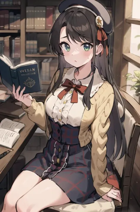 subaru_high-waist, frilled shirt, red bowtie, plaid skirt, pink sweater, open clothes, beret, long hair, white ribbon, sitting at a desk, reading a book, <lora:oozoraSubaru-Shuba:1> BREAK
library, ornate library, bookshelves, leather chairs, ornate rug, high windows, wooden bookcase, godrays, volumetric lighting,  BREAK
2d, masterpiece, best quality, anime, highly detailed face, highly detailed background, perfect lighting,  <lora:thickerLinesAnime:0.6> <lora:epiNoieseOffsetV2:0.8>