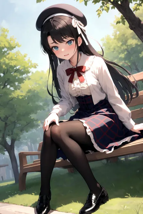 <lora:subaru_shuba:0.7> subaru_high-waist, frilled shirt, red bowtie, plaid skirt, open clothes, beret, long hair, white ribbon, black pantyhose, black footwear, park, outdoors, sitting, sweat, skirt lift, skirt pull, hiccup, masterpiece, best quality, highres, <lora:GoodHands-vanilla:1> nice hands, perfect hands