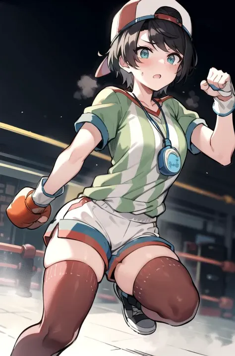subaru_sports, striped shirt, white shorts, baseball cap, whistle, red legwear, white legwear, mismatched legwear,  <lora:oozoraSubaru-Shuba:1> BREAK
boxing ring, gym, sports, punch bag, weights, fitness, exercise, (fog:1.2), BREAK
2d, masterpiece, best quality, anime, highly detailed face, highly detailed background, perfect lighting,  <lora:thickerLinesAnime:0.6> <lora:epiNoieseOffsetV2:0.8>