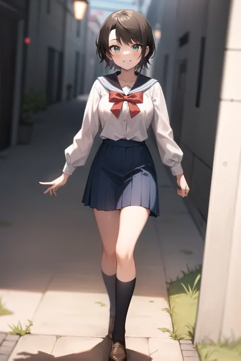 2d, masterpiece, best quality, anime, highly detailed face, highly detailed eyes, highly detailed background, perfect lighting, full body, 1girl, solo, oozora subaru, multicolored eyes, blue sailor collar, blue miniskirt, white shirt, short skirt, red bowtie, town, walking, smile <lora:subaru-20:1>
