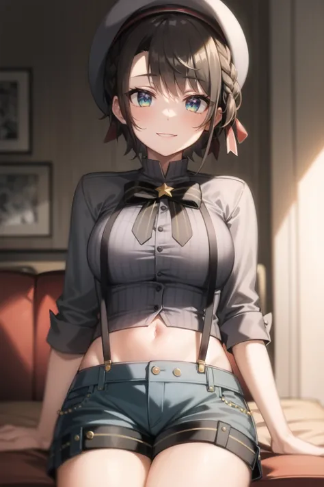 2d, masterpiece, best quality, anime, highly detailed face, highly detailed eyes, highly detailed background, perfect lighting, cowboy shot, 1girl, solo, oozora subaru, multicolored eyes, black bowtie, grey shirt, cropped shirt, pinstripe shirt, midriff, blue shorts, short shorts, suspender shorts, suspenders, beret, braid, hair ornament, smile, sitting, living room <lora:subaru-20:1>