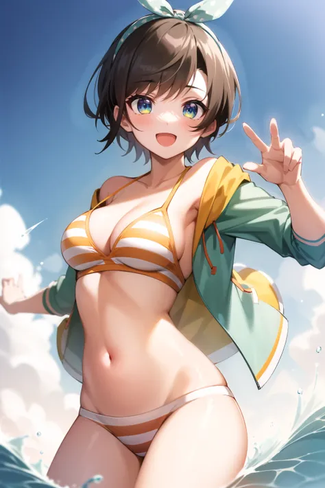 2d, masterpiece, best quality, anime, highly detailed face, highly detailed eyes, highly detailed background, perfect lighting, cowboy shot, 1girl, solo, oozora subaru, multicolored eyes, striped bikini, two-tone jacket, hairband, dynamic pose, :d, beach, waves, island <lora:subaru-20:1>