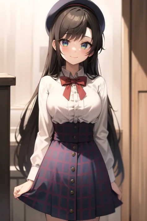 2d, masterpiece, best quality, anime, highly detailed face, highly detailed eyes, highly detailed background, perfect lighting, cowboy shot, 1girl, solo, oozora subaru, multicolored eyes, long hair, red bow, white shirt, frilled shirt, blue headwear, blue skirt, high-waist skirt, plaid skirt, standing, bedroom, smile <lora:subaru-20:1>