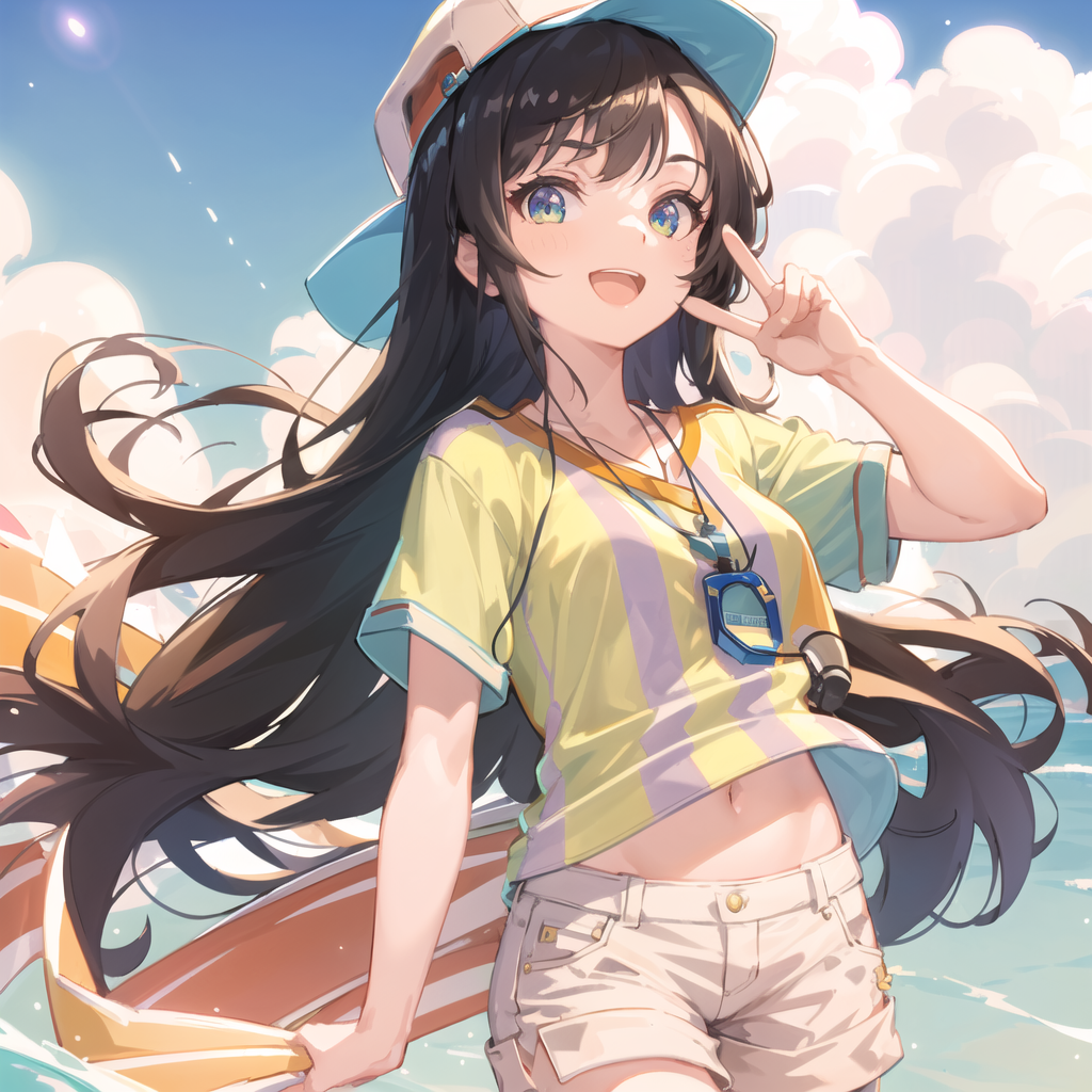 Anime girl with long hair and a hat on standing in the water - SeaArt AI