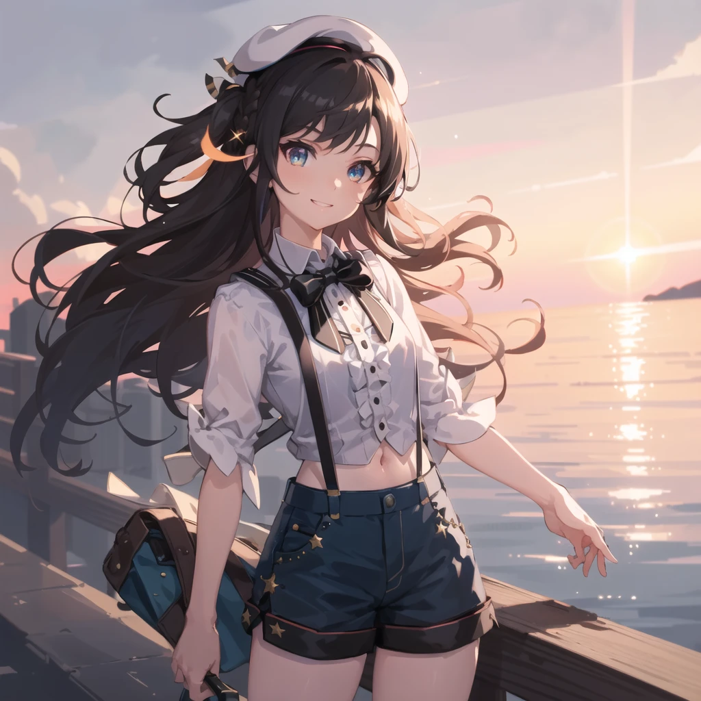 masterpiece, best quality, photorealistic, 3D, shiny_skin, shiny_hair, dynamic angle, Core shadow, beautiful detailed glow, light particles, HDR, Rembrandt lighting, colorful refraction, lens flare, bloom,
film Reflection, colorful refraction, chromatic aberration, light diffusion, public indecency, cowboy shot, deep meaning, physically-based rendering, bright, vibrant, intricate, particles, light rays,
1girl, solo, oozora subaru, long hair, two side up, multicolored eyes, black bowtie, grey shirt, cropped shirt, pinstripe shirt, midriff, blue shorts, short shorts, suspender shorts, suspenders, beret, braid, hair ornament, small breasts, smile,
sunset ocean, cloudy sky,
<lora:oozoraSubaruHololive5_v1:0.7>