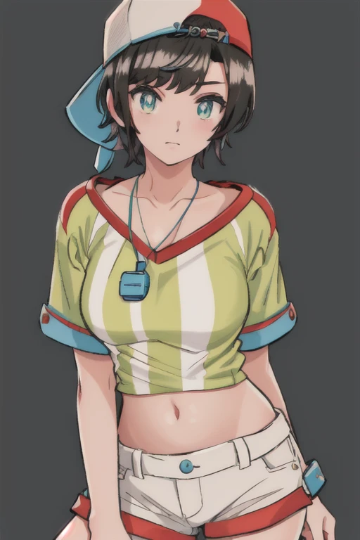 masterpiece, best quality, oozora subaru, hololive, multicoloured eyes, striped shirt, t-shirt, oversized shirt, baseball cap, backwards hat, whistle, white shorts, 1girl, mature female, (((expressive eyes))), (midriff), perfect female anatomy, (medium breasts), (full color), dynamic angle, beautiful landscape, highly-detailed symmetric face, super detailed, 8k, high quality, sharp focus, intricate details, highly detailed, dynamic lighting, detailed and intricate environment, (4k, 8k, absurdres, depth of field, cinematic lighting), symmetrical eyes  <lora:oozoraSubaruHololive5_v1:1>