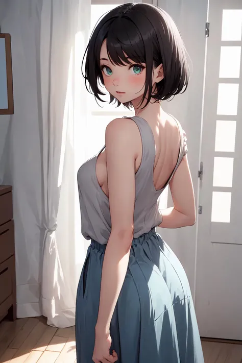 A cute girl is standing in an indoor setting with white curtains, wind, blue sky, and blue sea in the background. The scene has best quality and absurd resolution, with dramatic angle and cinematic lighting. She has short black hair and green eyes with long eyelashes. She has a slender body and medium breasts. Her skin is pinkish and blushed. She is wearing a
sleeveless blouse on top and a gray long skirt on the bottom. She is looking at the viewer with a natural face, while putting her arms behind her back and showing her legs ,(from behind:1.2)
<lora:subaru_shuba-06:0.8>