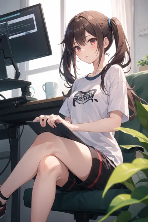 1girl, casual clothes, t-shirt, shorts, twintails, long hair, short sleeves, crossed legs, sitting on object, indoors, side view, own hands together