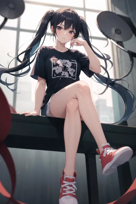 1girl, casual clothes, t-shirt, shorts, twintails, long hair, short sleeves, crossed legs, sitting on object, indoors, from below