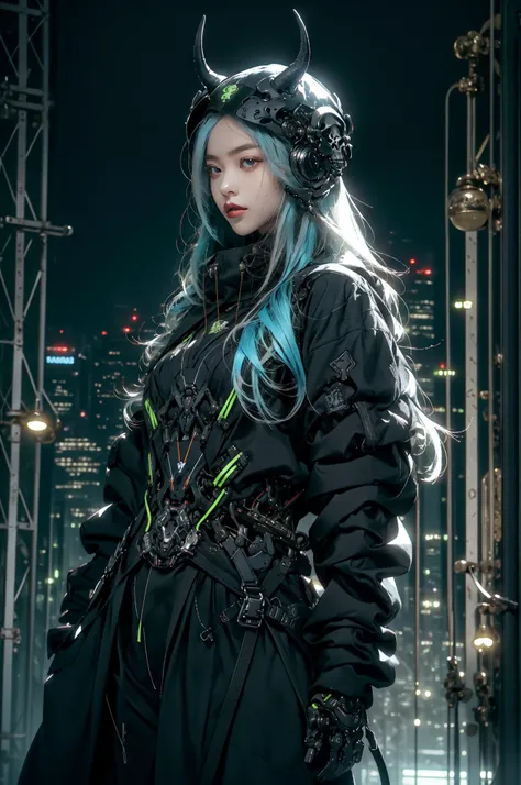cyborg, 1girl, wasp waist, wide hips, small breasts, light blue hair, cybernetic helmet with metallic luster in the shape of a skull with horns and blue LEDs, CyberskullAI <lora:highleg_panties_v0.1:1> panties, highleg panties <lora:Futuristicbotv.2:0.8> futubot <lora:CyberskullAI:0.75> CyberskullAI, armor, night time, realistic, masterpiece, ultra detailed, 8k, epic realistic, beautiful