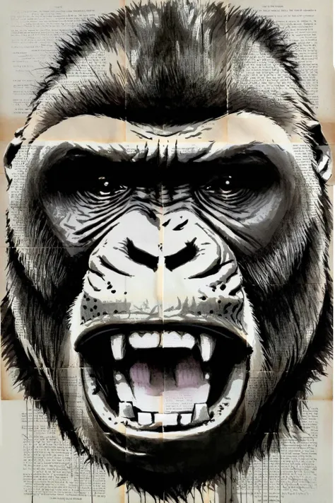 A drawing drawn on an old newspaper,poster style,a close-up of a gorilla's face,(Shouting:1.3),by Loui Jover,<lora:LOUIJOVER#SXDL1.0#by_Loui_Jover#v2.00#-000006-rs.sv_fro.0.999-nr.0128:1>,