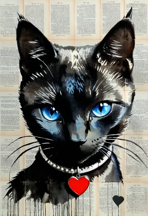 black cat's head portrait by LOUI JOVER, newspaper background, silhouette,animal collar, red heart medallion, blue eyes, spot color, 
<lora:LOUIJOVER#SXDL1.0#by Loui Jover#v2.00#-000006-rs.sv_fro.0.999-nr.0128:0.85>