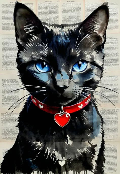 black cat's head portrait by LOUI JOVER, newspaper background, silhouette,animal collar, red heart medallion, blue eyes, spot color,
<lora:LOUIJOVER#SXDL1.0#by Loui Jover#v2.00#-000006-rs.sv_fro.0.999-nr.0128:0.85>