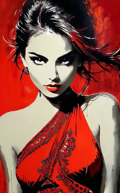 (by Loui Jover,traditional media, red background:1.3),
an awe-inspiring portrayal of a beautiful girl.
Every line and brushstroke bursts with energy, showcasing the intricate details of the girl's beauty, adorned with striking shades of black and red.
The image, most likely a dynamic and captivating painting, captures the essence of attractive woman: its sexy look, allure, and undeniable presence.
With meticulous precision, the artist masterfully captures the girl's gaze and the intensity of her sex appeal, making this a mesmerizing and top-tier representation to behold.
sharp detail. mystical quality. the intricate textures adding a soft, ethereal glow to the image. an intense connection with the viewer.
<lora:LOUIJOVER#SXDL1.0#by Loui Jover#v2.00#-000006-rs.sv_fro.0.999-nr.0128:1>