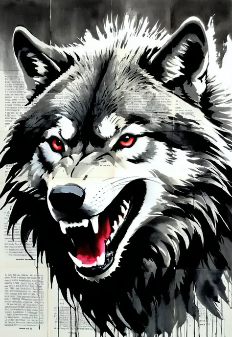 (by Loui Jover,traditional media, greyscale, monochrome, newspaper background:1.3), 
an awe-inspiring portrayal of a monstrous huge wolf. Every line and brushstroke bursts with vibrant energy, showcasing the intricate details of the beast's menacing fangs, adorned with striking shades of black and red. The image, most likely a dynamic and captivating painting, captures the essence of this legendary creature: its formidable power, dark allure, and undeniable presence. With meticulous precision, the artist masterfully captures fierce gaze and the intensity of its wrath, making this a mesmerizing and top-tier representation to behold
<lora:LOUIJOVER#SXDL1.0#by Loui Jover#v2.00#-000006-rs.sv_fro.0.999-nr.0128:1>