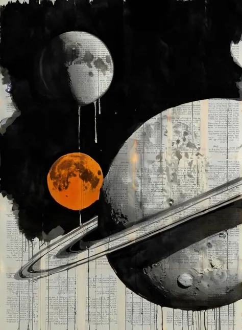 monochrome portrait of the planet Saturn, dripping orange, moon in background, newspaper background <lora:LOUIJOVER#SXDL1.0#by Loui Jover#v2.00#-000006-rs.sv_fro.0.999-nr.0128:0.8> by LOUI JOVER