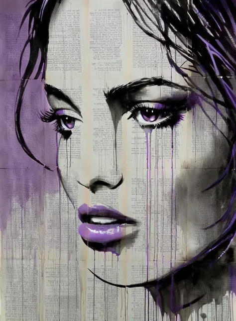 monochrome portrait of a beautiful woman, dripping purple, newspaper background  <lora:LOUIJOVER#SXDL1.0#by Loui Jover#v2.00#-000006-rs.sv_fro.0.999-nr.0128:0.8> by LOUI JOVER