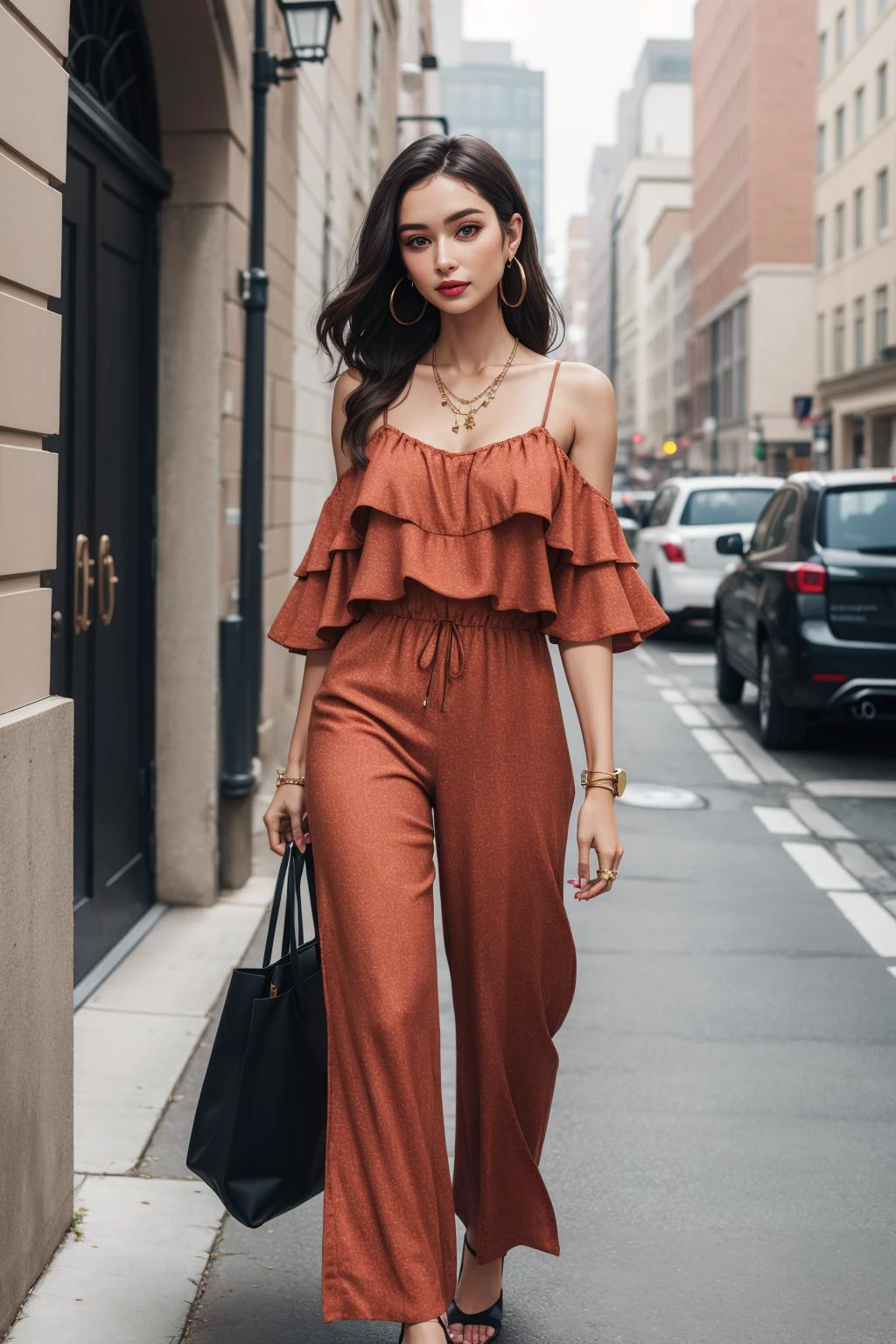 a portrait of beautiful Wide-leg jumpsuit, ankle strap heels, woven tote, hoop earrings, layered necklace